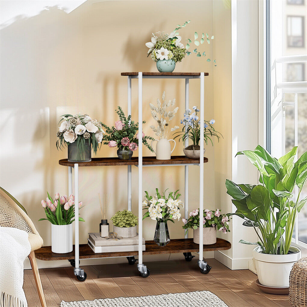 FIN Vintage Plant Holder 3 Tiers Storage Shelf Unit with Lockable Casters Garden
