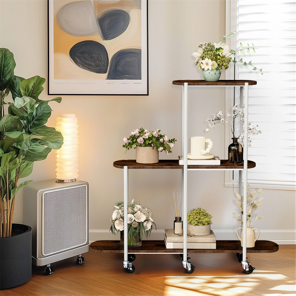 FIN Vintage Plant Holder 3 Tiers Storage Shelf Unit with Lockable Casters Garden