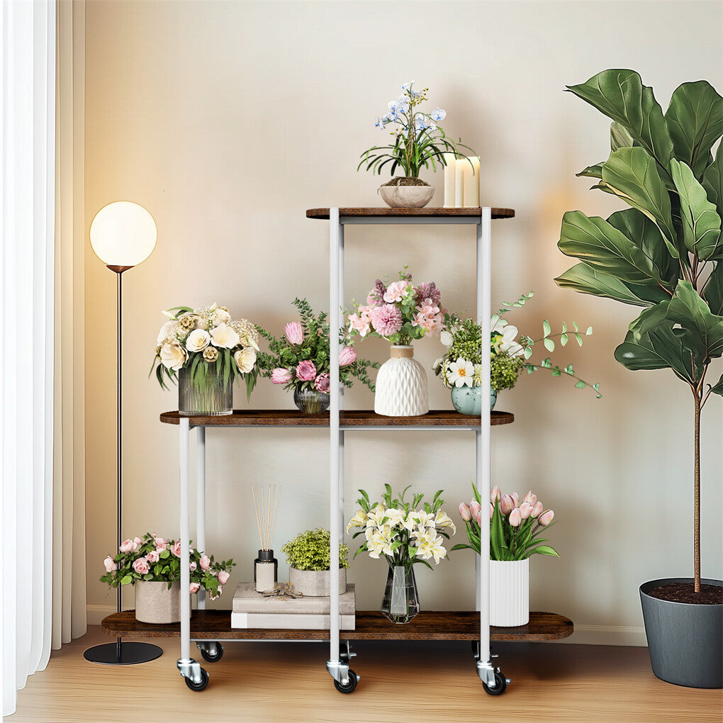FIN Vintage Plant Holder 3 Tiers Storage Shelf Unit with Lockable Casters Garden