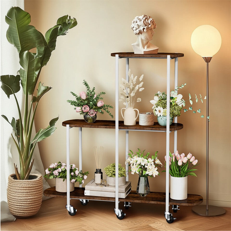 FIN Vintage Plant Holder 3 Tiers Storage Shelf Unit with Lockable Casters Garden