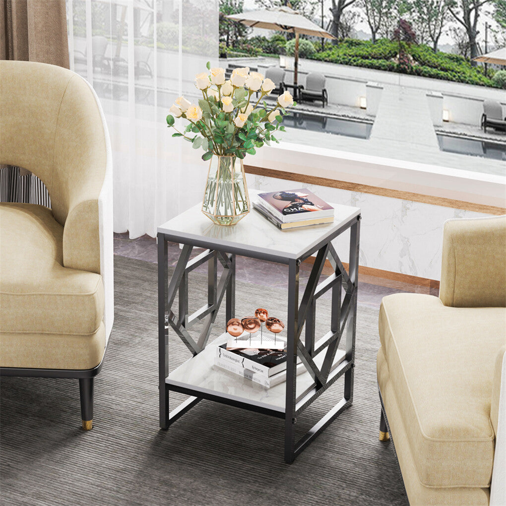 Sleek White Marble Side Table Sofa End Table Bedside Nightstand w Durable Frame