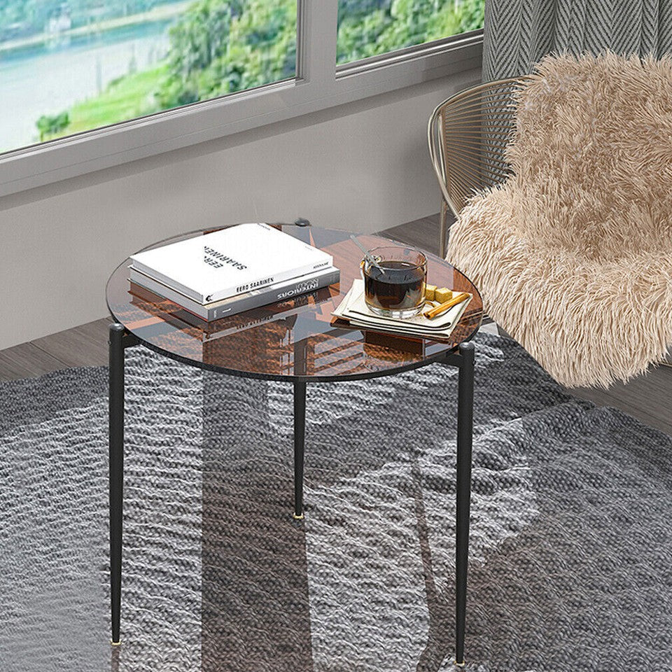Modern Round Tempered Glass Coffee Table Sofa Side End Table Brown Tinted Metal Frame Living Room