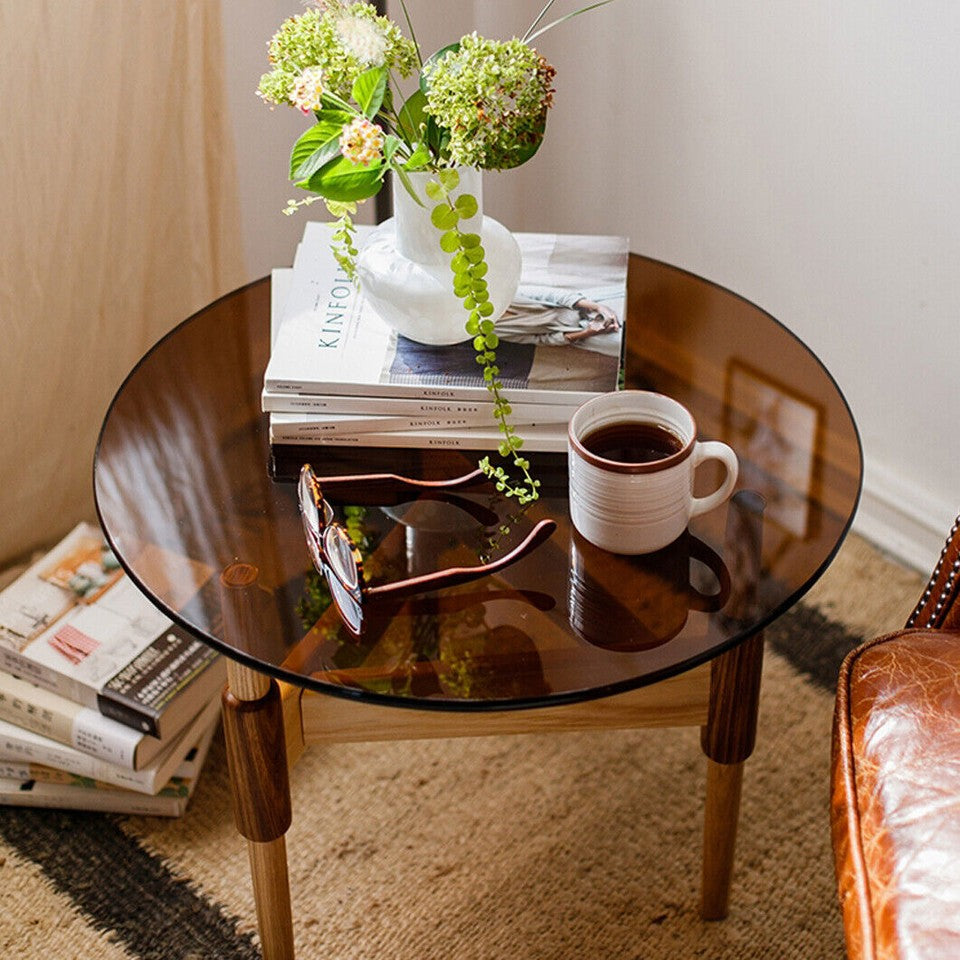 Modern Round Tempered Glass Coffee Table Sofa Side End Table Brown Tinted Metal Frame Living Room
