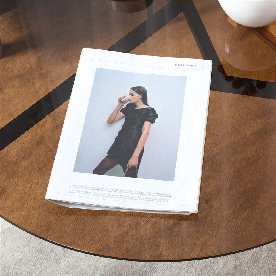 Modern Round Tempered Glass Coffee Table Sofa Side End Table Brown Tinted Metal Frame Living Room