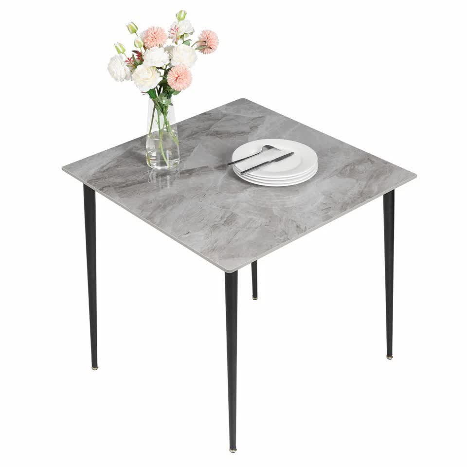 Square Marble Dining Table Sintered Stone Kitchen Table 80x80cm - Modern Restaurant Table with Metal Legs
