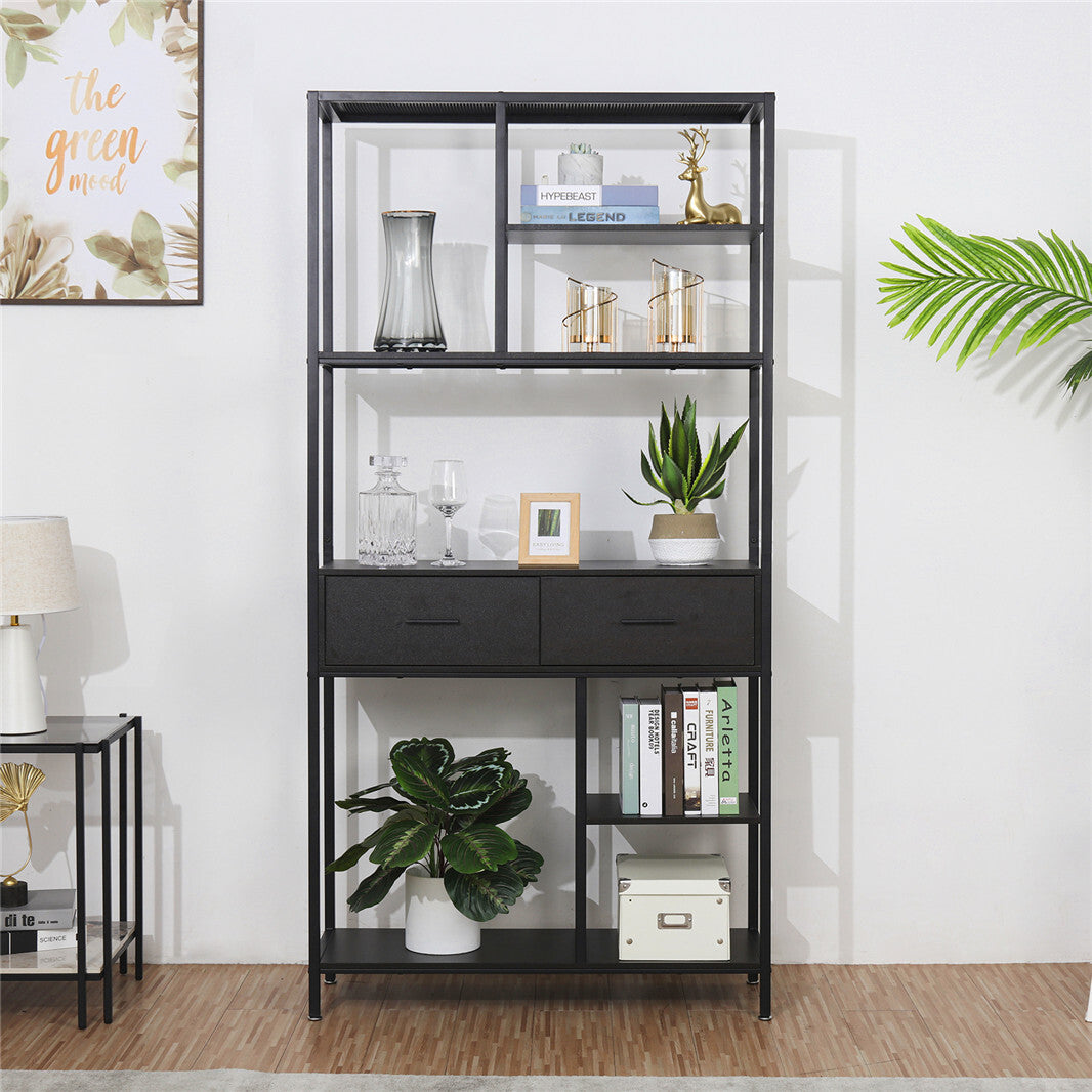 180Cm Tall Bookshelf With Drawers Industrial Bookcase W/ 6 Tiers Storage Shelves