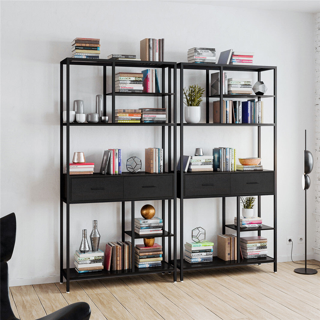 180Cm Tall Bookshelf With Drawers Industrial Bookcase W/ 6 Tiers Storage Shelves