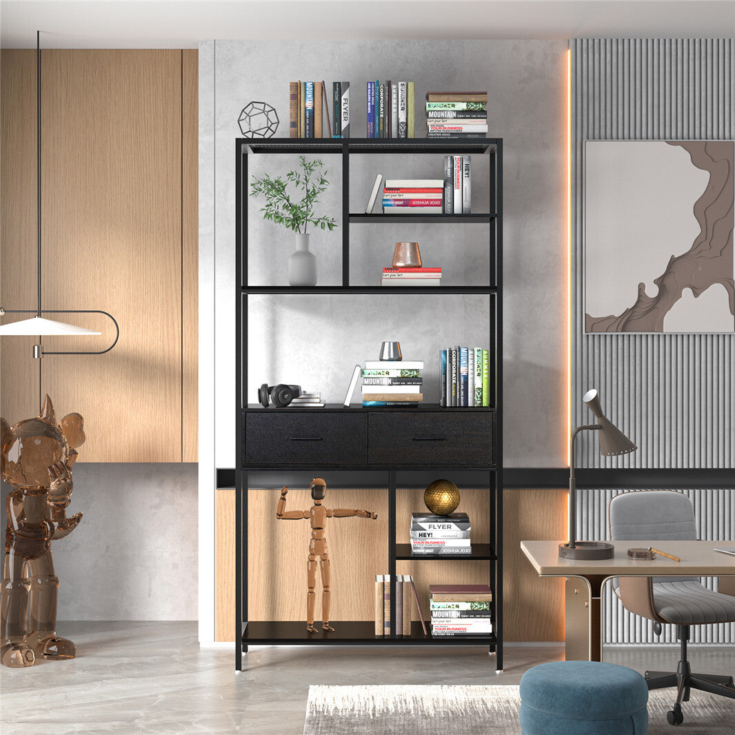 180Cm Tall Bookshelf With Drawers Industrial Bookcase W/ 6 Tiers Storage Shelves