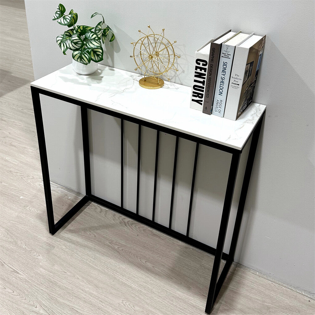 Fin 80Cm Sintered Stone Console Table Storage Table Behind Sofa W/ Black Metal Frame