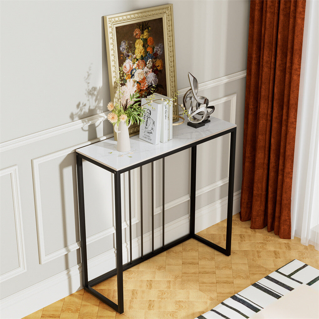 Fin 80Cm Sintered Stone Console Table Storage Table Behind Sofa W/ Black Metal Frame