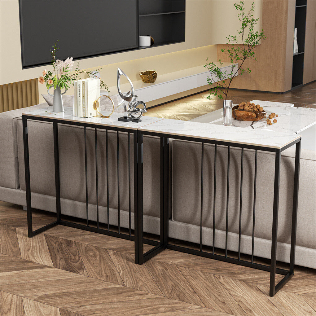 Fin 80Cm Sintered Stone Console Table Storage Table Behind Sofa W/ Black Metal Frame