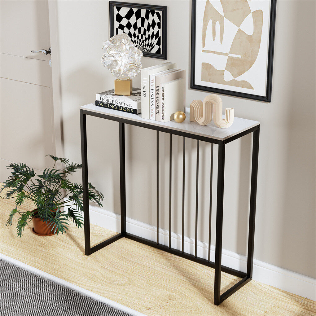 Fin 80Cm Sintered Stone Console Table Storage Table Behind Sofa W/ Black Metal Frame