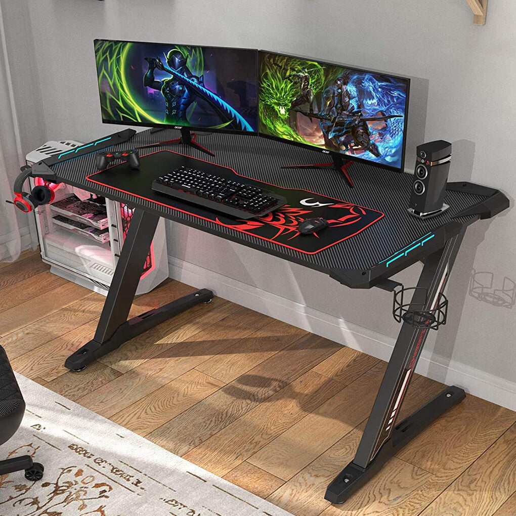 Z-Shaped Computer Gaming Desk with RGB LED Lights Home Office Table X-Large 140cm