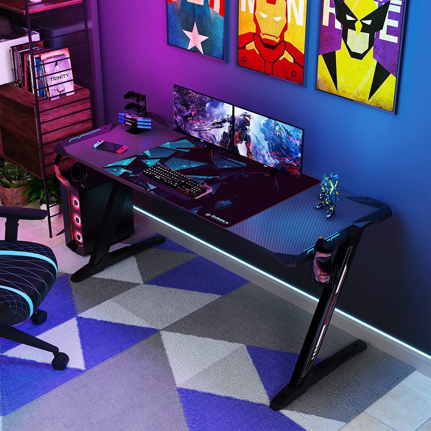 Z-Shaped Computer Gaming Desk with RGB LED Lights Home Office Table X-Large 140cm