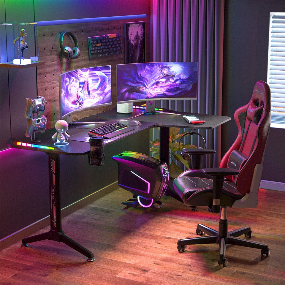 Multi-Style Pro Gaming Desk RGB LED L-Shaped PC Computer Studio Gamer Table Carbon Fibre