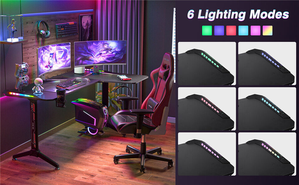 Multi-Style Pro Gaming Desk RGB LED L-Shaped PC Computer Studio Gamer Table Carbon Fibre