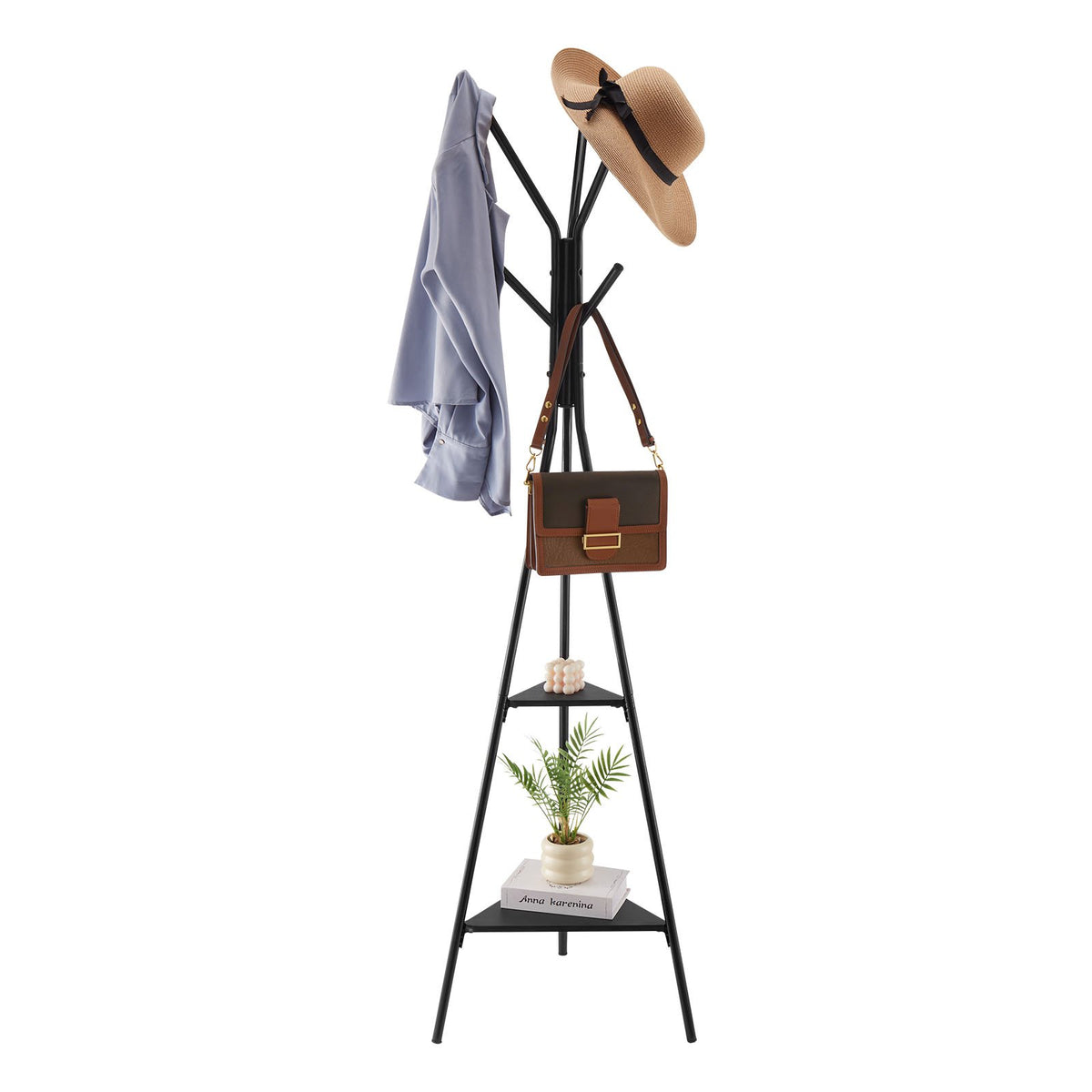 Coat Rack, Freestanding Coats Rack Stand with 2 Shelves & 6 Hooks, Free Standing Hall Coat Tree