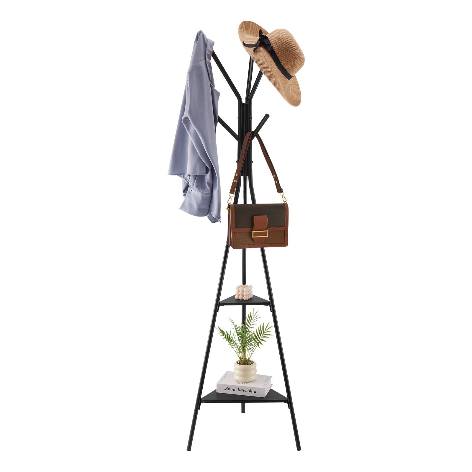Coat Rack, Freestanding Coats Rack Stand with 2 Shelves & 6 Hooks, Free Standing Hall Coat Tree