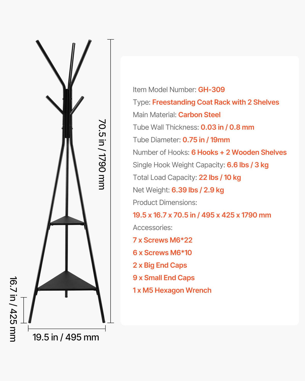 Coat Rack, Freestanding Coats Rack Stand with 2 Shelves & 6 Hooks, Free Standing Hall Coat Tree
