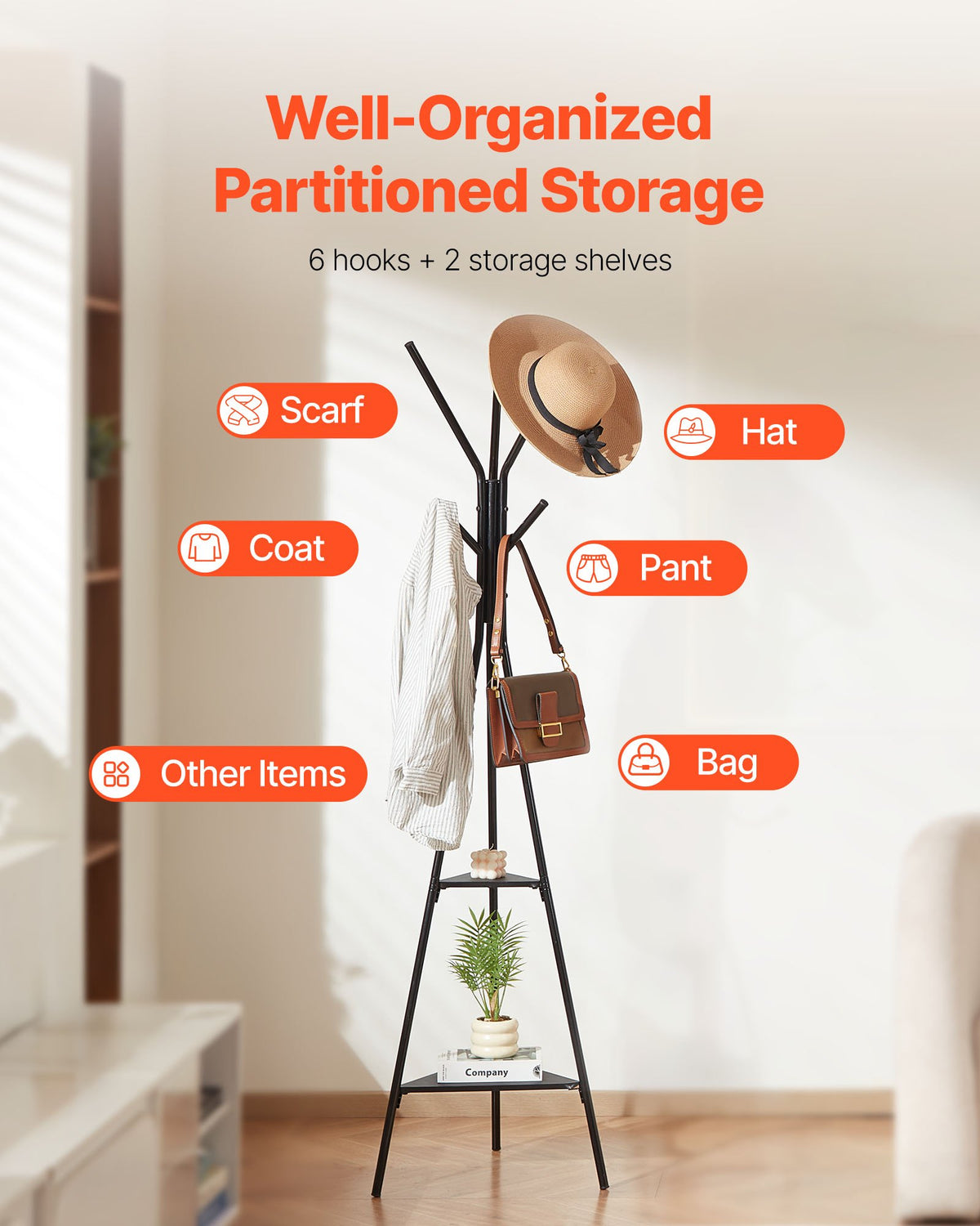 Coat Rack, Freestanding Coats Rack Stand with 2 Shelves & 6 Hooks, Free Standing Hall Coat Tree