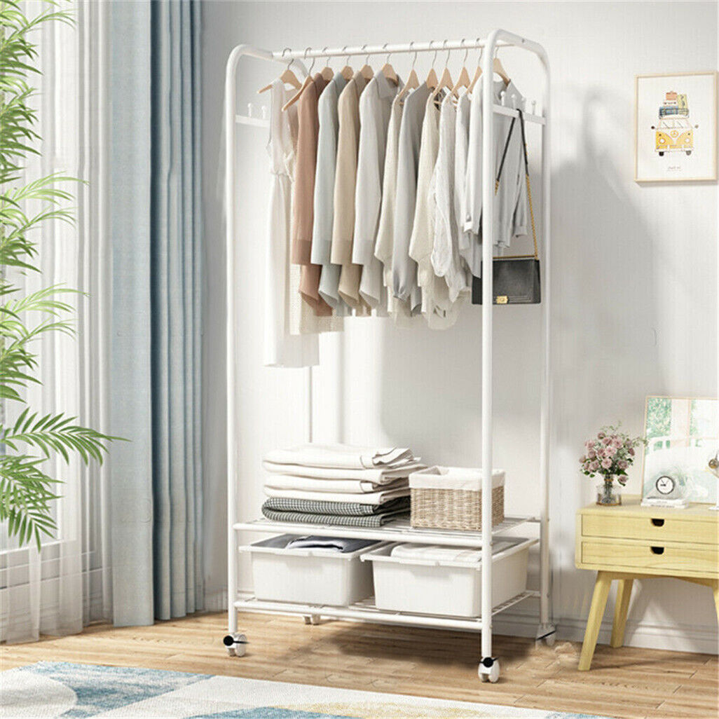 2Tier Rolling Free-Standing Clothing Garment Rack Closet Organizer Open Wardrobe