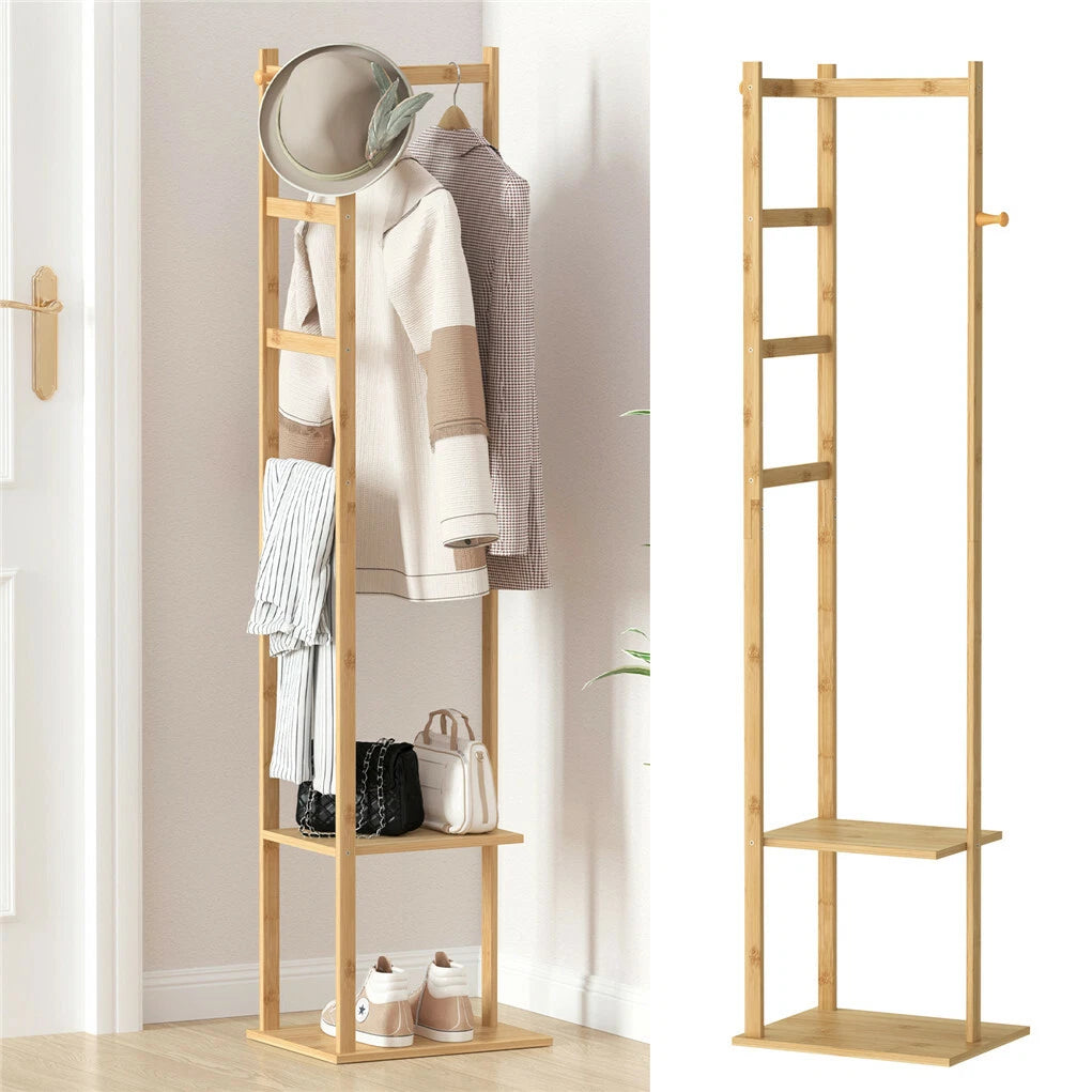Bamboo Coat Stand Clothes Rack with Garment Shelf, Hanging Rail and Hooks
