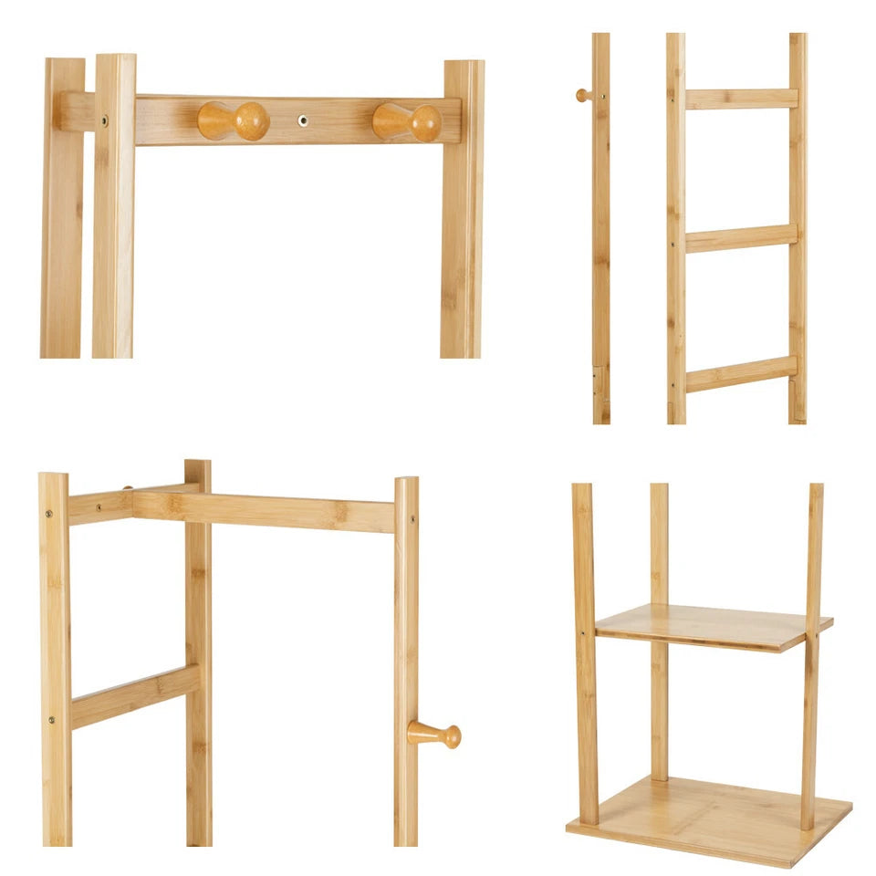 Bamboo Coat Stand Clothes Rack with Garment Shelf, Hanging Rail and Hooks
