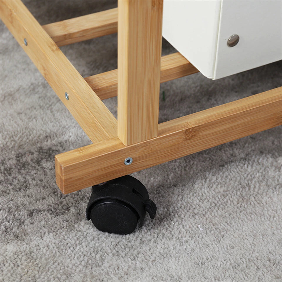 Portable Rolling Bamboo Clothes Rack for Kids with Hanging Rail