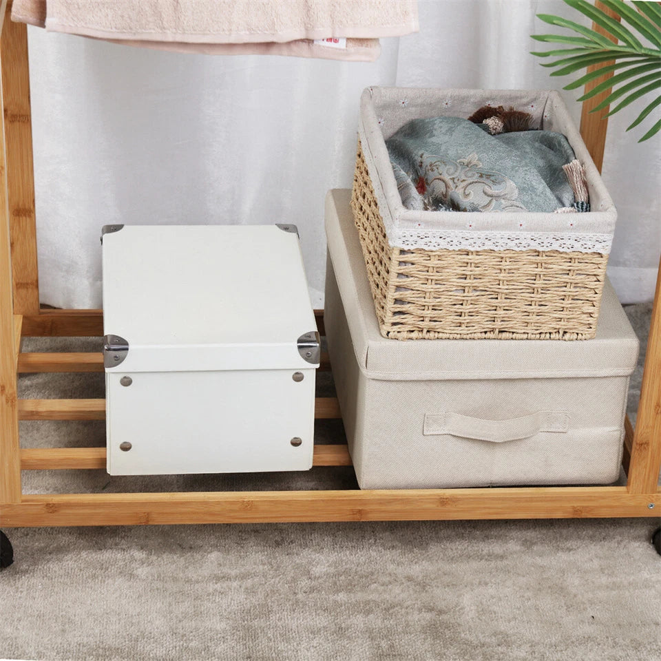 Portable Rolling Bamboo Clothes Rack for Kids with Hanging Rail