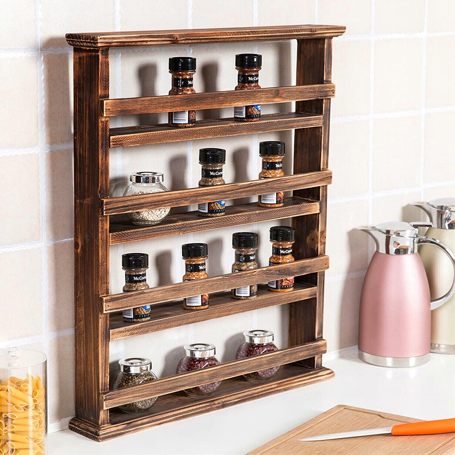 4 Tiers Rustic Wood Spice Rack Organizer Wall Mounted Kitchen Shelves Space Save