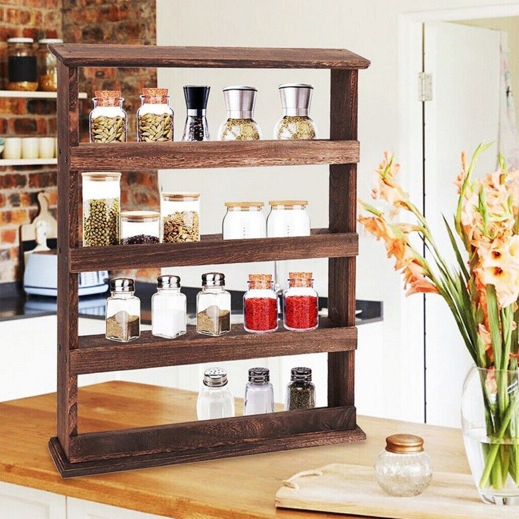 4 Tiers Rustic Wood Spice Rack Organizer Wall Mounted Kitchen Shelves Space Save