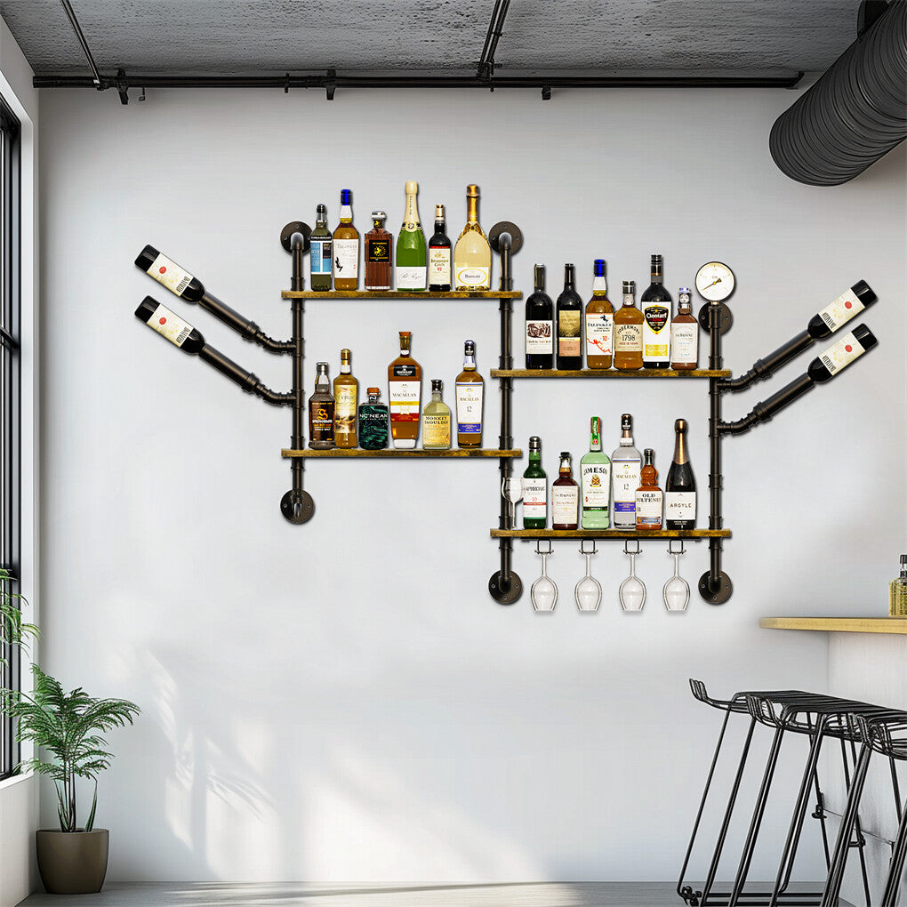 Industrial Pipe Bar Wall Liquor Shelf Floating Shelves with Wine Glass Holder