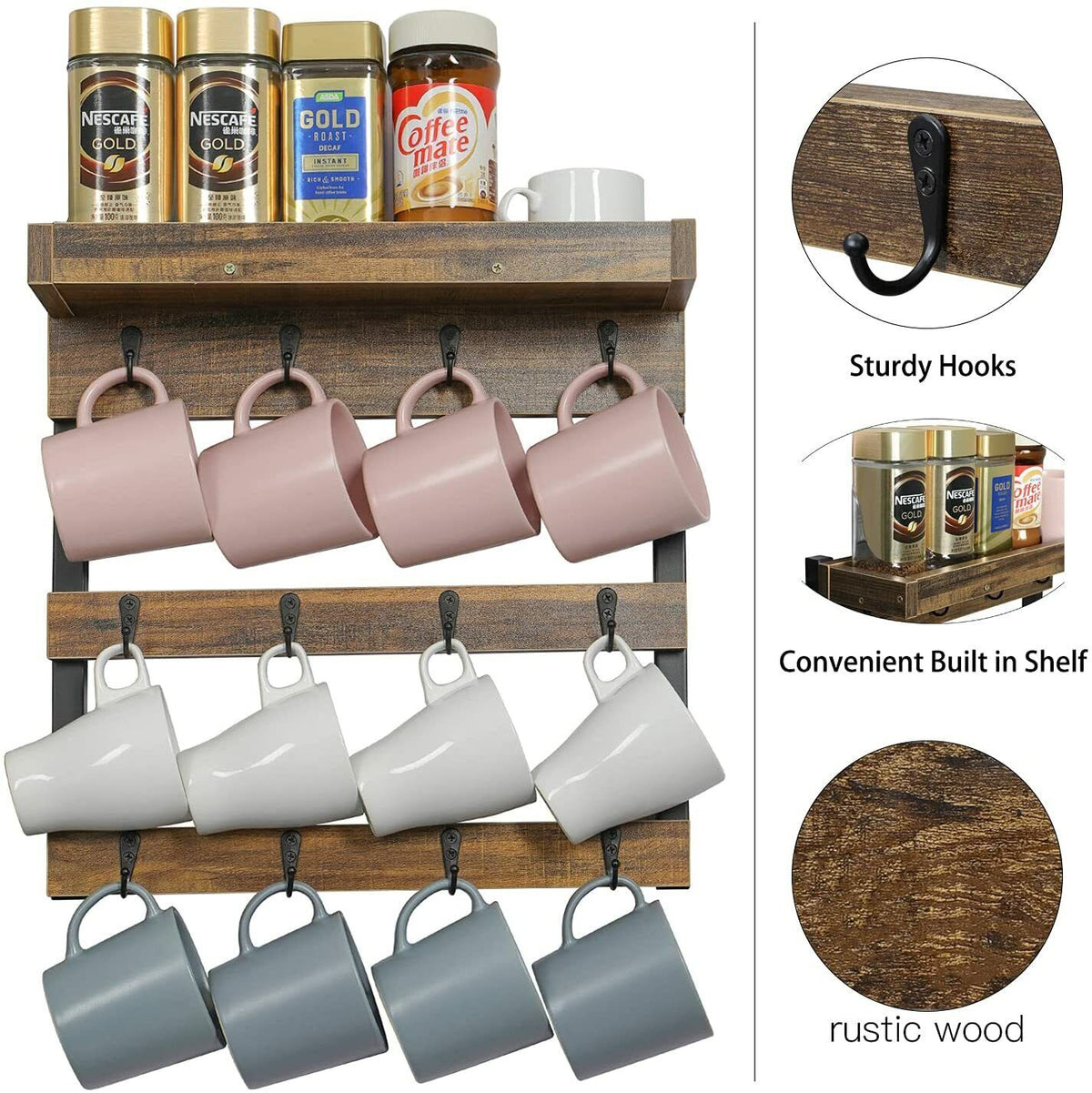 Tea Coffee Mug Rack Storage Holder Cup Hanger Wood Wall Mounted Teacup Organizer