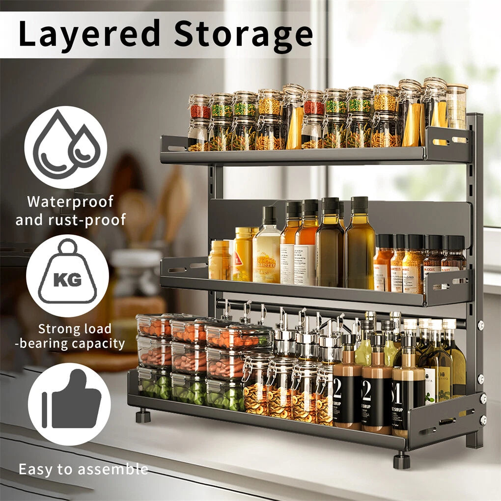 3-Tier Large Kitchen Spice Rack Anti-Rust Organizer Shelf, Height Adjustable Storage Rack AU