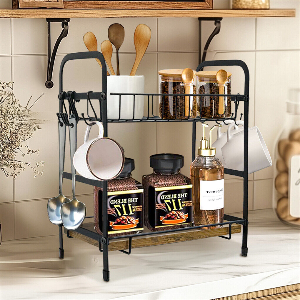 Vintage Coffee Bar Station Organizer Holder Stand with 2-Tier Shelves &amp; 12 Hooks