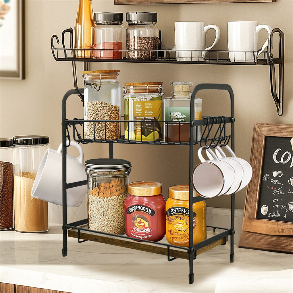Vintage Coffee Bar Station Organizer Holder Stand with 2-Tier Shelves & 12 Hooks