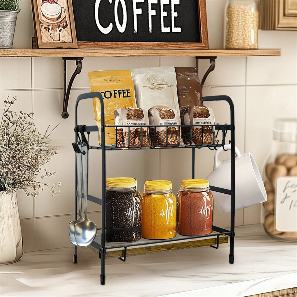 Vintage Coffee Bar Station Organizer Holder Stand with 2-Tier Shelves & 12 Hooks