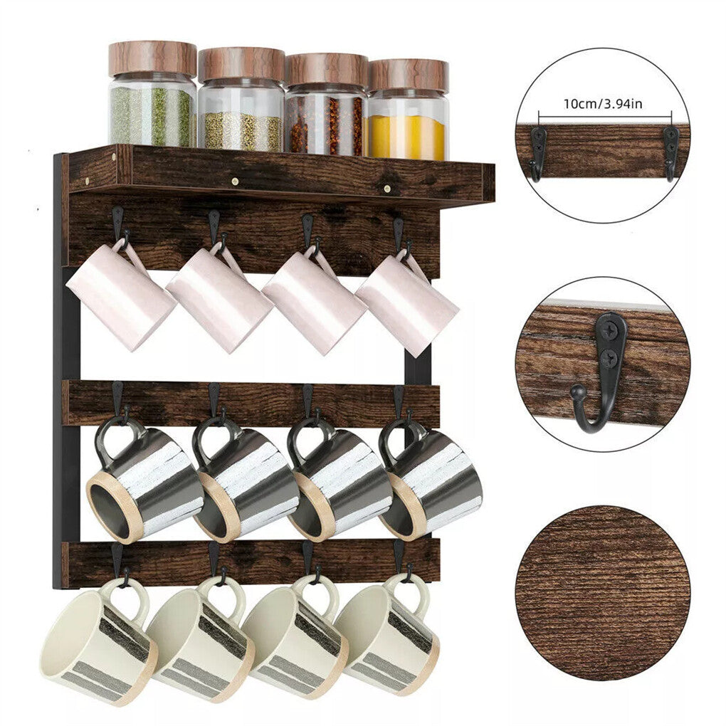 Heavy Duty Wall Mount Coffee Teacup Mug Rack Wood 12 Hook Holder Display Storage
