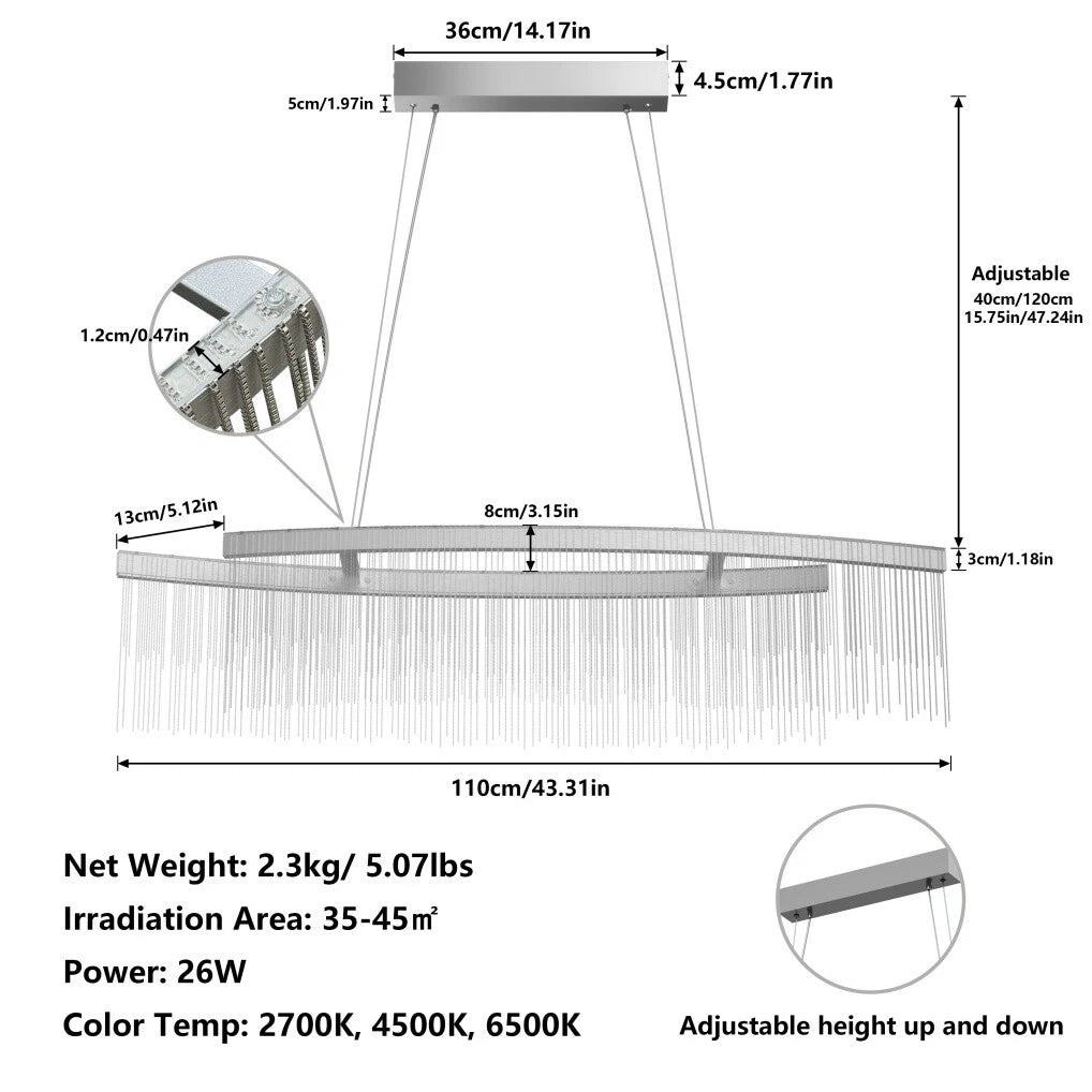 Modern LED Tassel Pendant Light Aluminum Linear Chandelier Dimmable Ceiling Lighting for Dining Room, Kitchen Island, Living Room - Chrome Silver