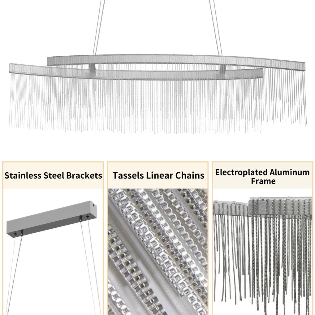 Modern LED Tassel Pendant Light Aluminum Linear Chandelier Dimmable Ceiling Lighting for Dining Room, Kitchen Island, Living Room - Chrome Silver