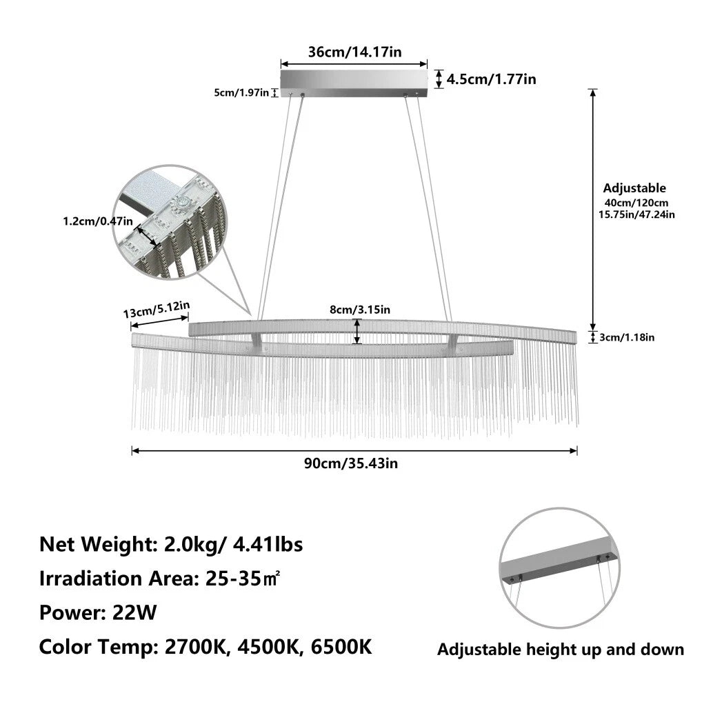 Modern LED Tassel Pendant Light Aluminum Linear Chandelier Dimmable Ceiling Lighting for Dining Room, Kitchen Island, Living Room - Chrome Silver