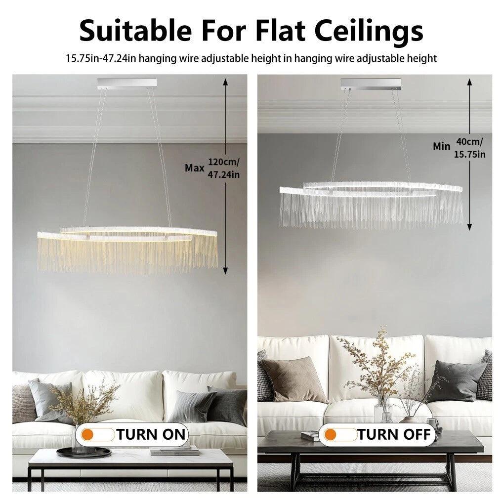 Modern LED Tassel Pendant Light Aluminum Linear Chandelier Dimmable Ceiling Lighting for Dining Room, Kitchen Island, Living Room - Chrome Silver