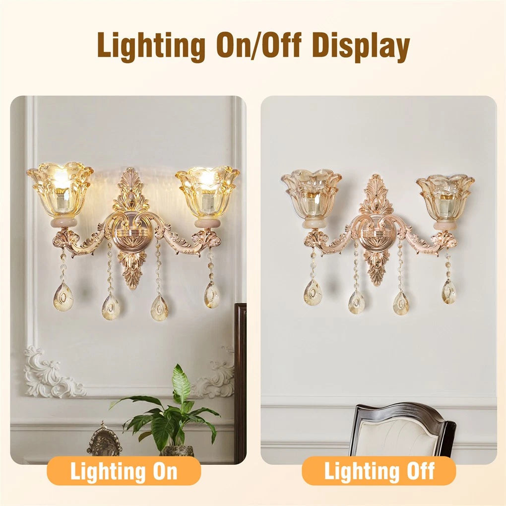 Rococo Gold Wall Sconce Floral Bedside Wall Lamp with Beveled Crystal Lighting for Hallway & Living Room