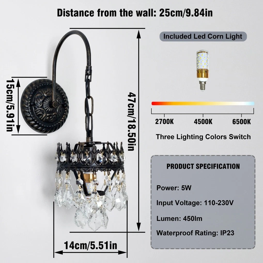 Vintage Wall Light Sconce with Clear Crystals, Black and Gold Glass Wall Lamp, 3-Mode Dimmable LED E14 Lighting Fixture for Home, Bathroom, Dining Room, Hallway