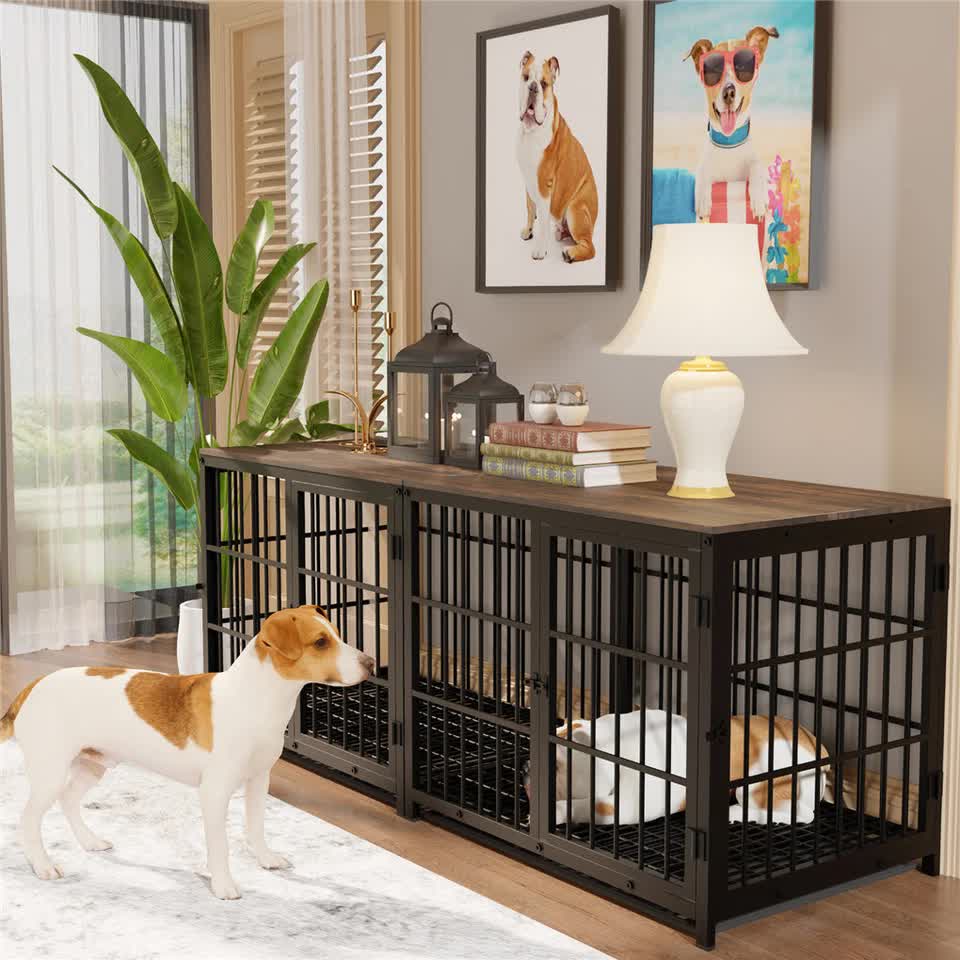 P&P Black Walnut Dog Crate with Wooden Furniture Style, 3-Door Entry and Slide Out Tray
