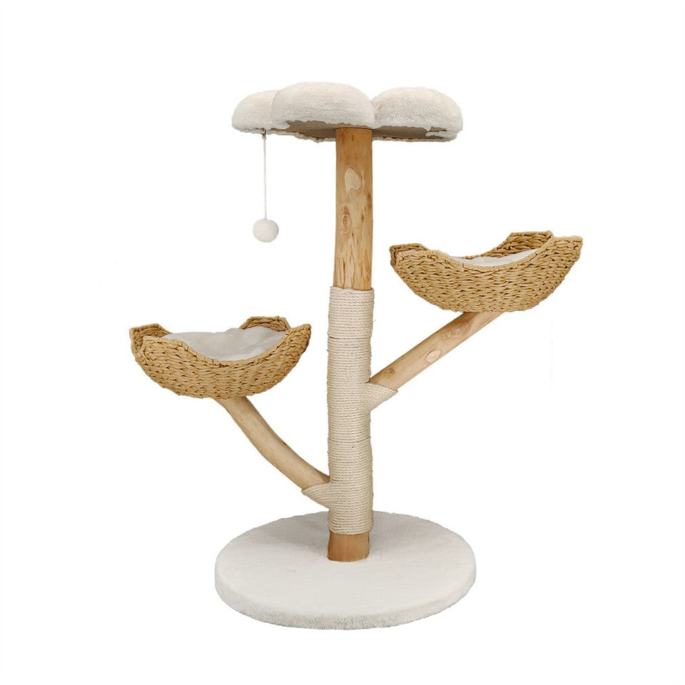 Solid Wood Cat Tree with 3 Branches &amp; Baskets