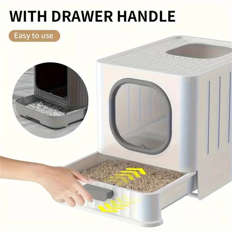Big Top Entry Deep Tray Enclosed Kitty Cat Litter Box Easy To Clean Pull Handle