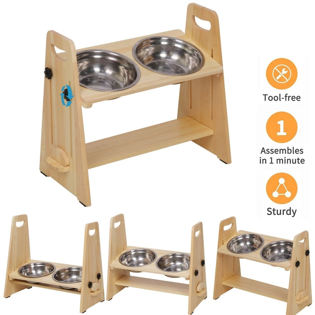 Wooden Elevated Dog Food Bowl with 2 Stainless Steel Bowls Adjustable Pet Feeding Station for Dogs and Cats