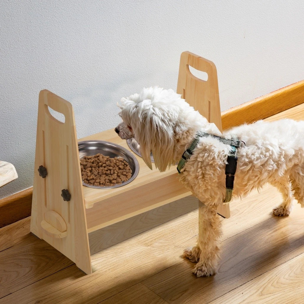 Wooden Elevated Dog Food Bowl with 2 Stainless Steel Bowls Adjustable Pet Feeding Station for Dogs and Cats