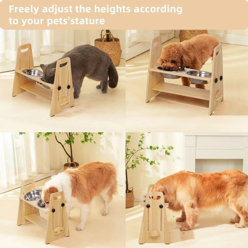 Wooden Elevated Dog Food Bowl with 2 Stainless Steel Bowls Adjustable Pet Feeding Station for Dogs and Cats
